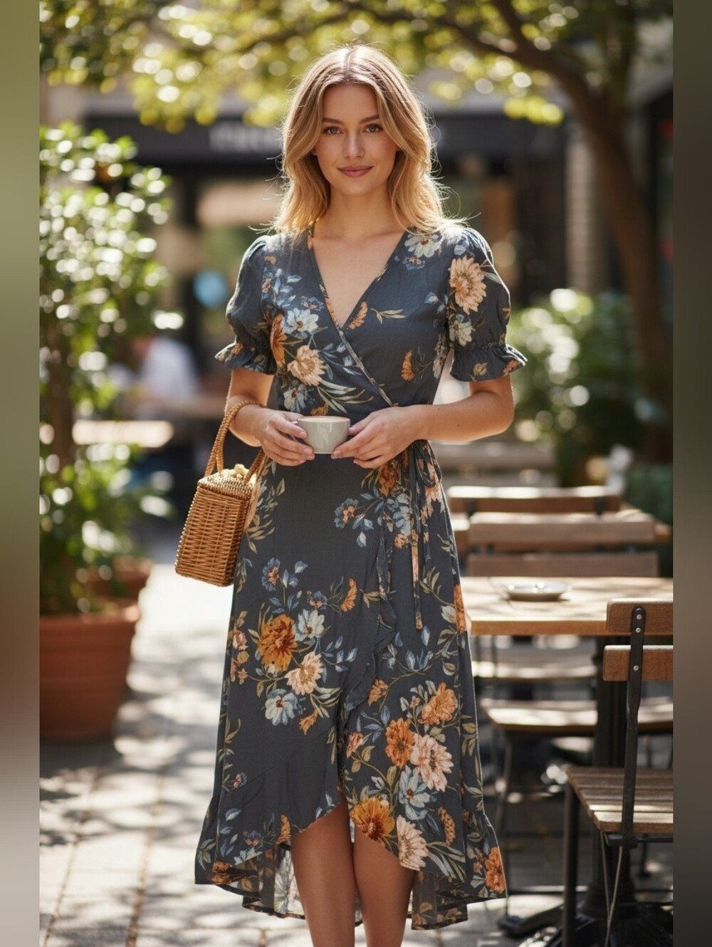 Floral Wrap High-Low Dress in Slate Gray